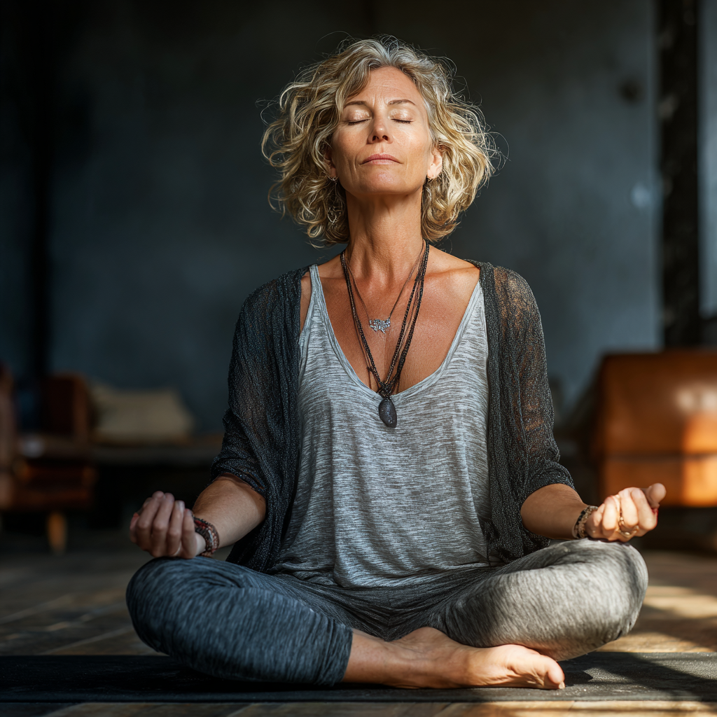 Mature woman in her fifties practicing pranayama breathing exercises in comfortable cross-legged position with focused expression